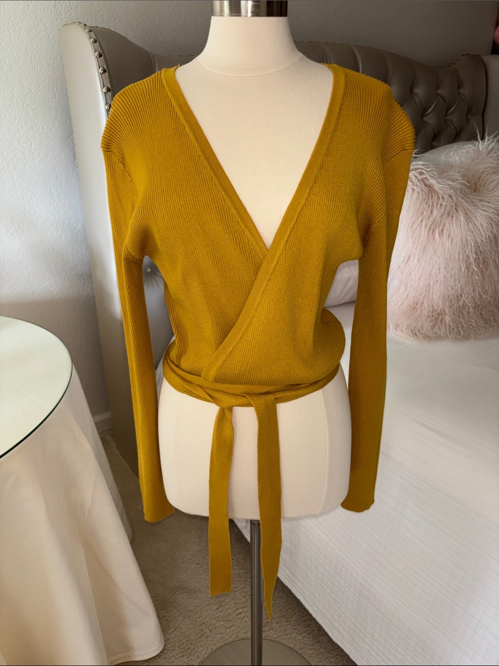 Mustard Ribbed Women's Wrap Sweater